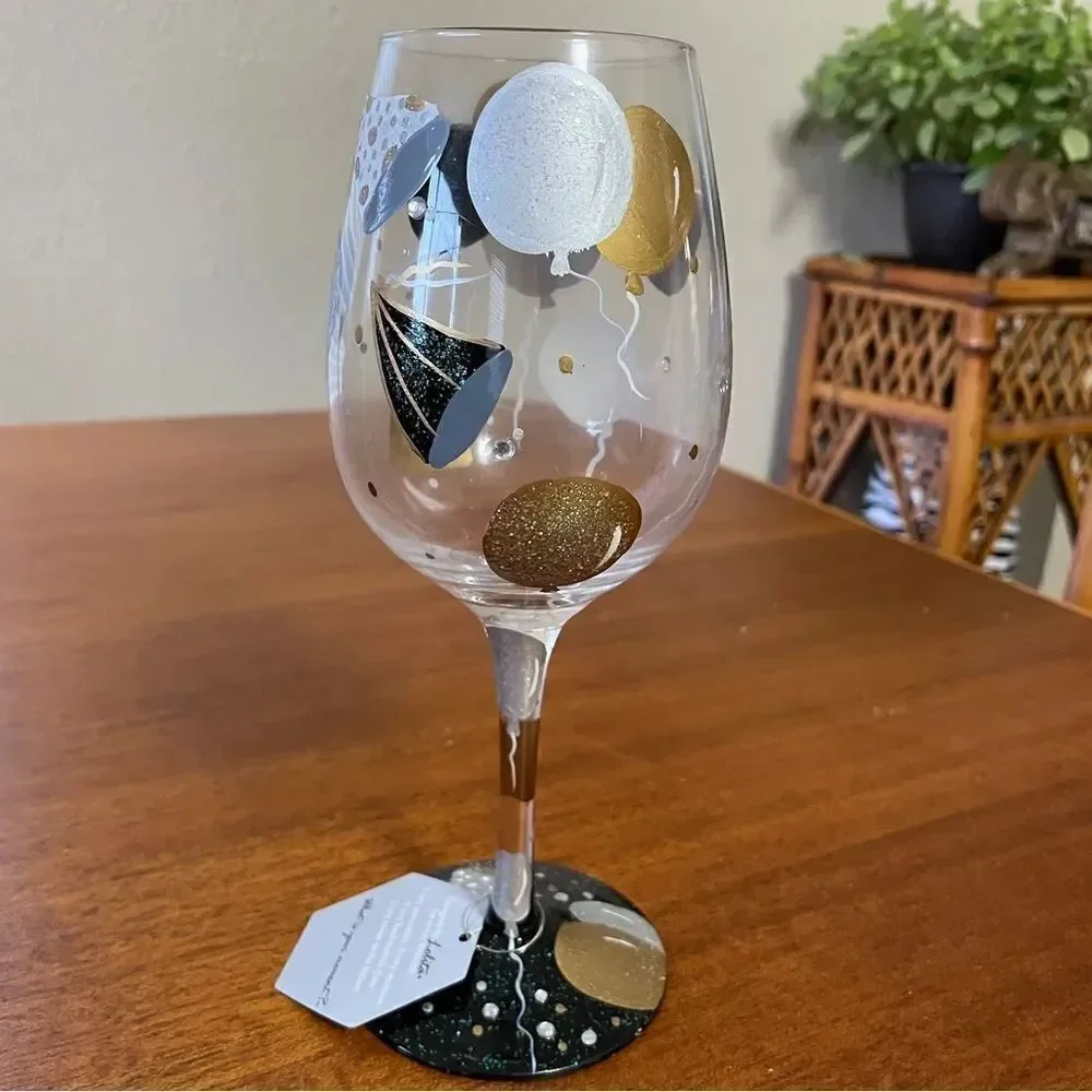 NIB Lolita “Celebration” Hand Painted Wine Glass Silver Black Gold